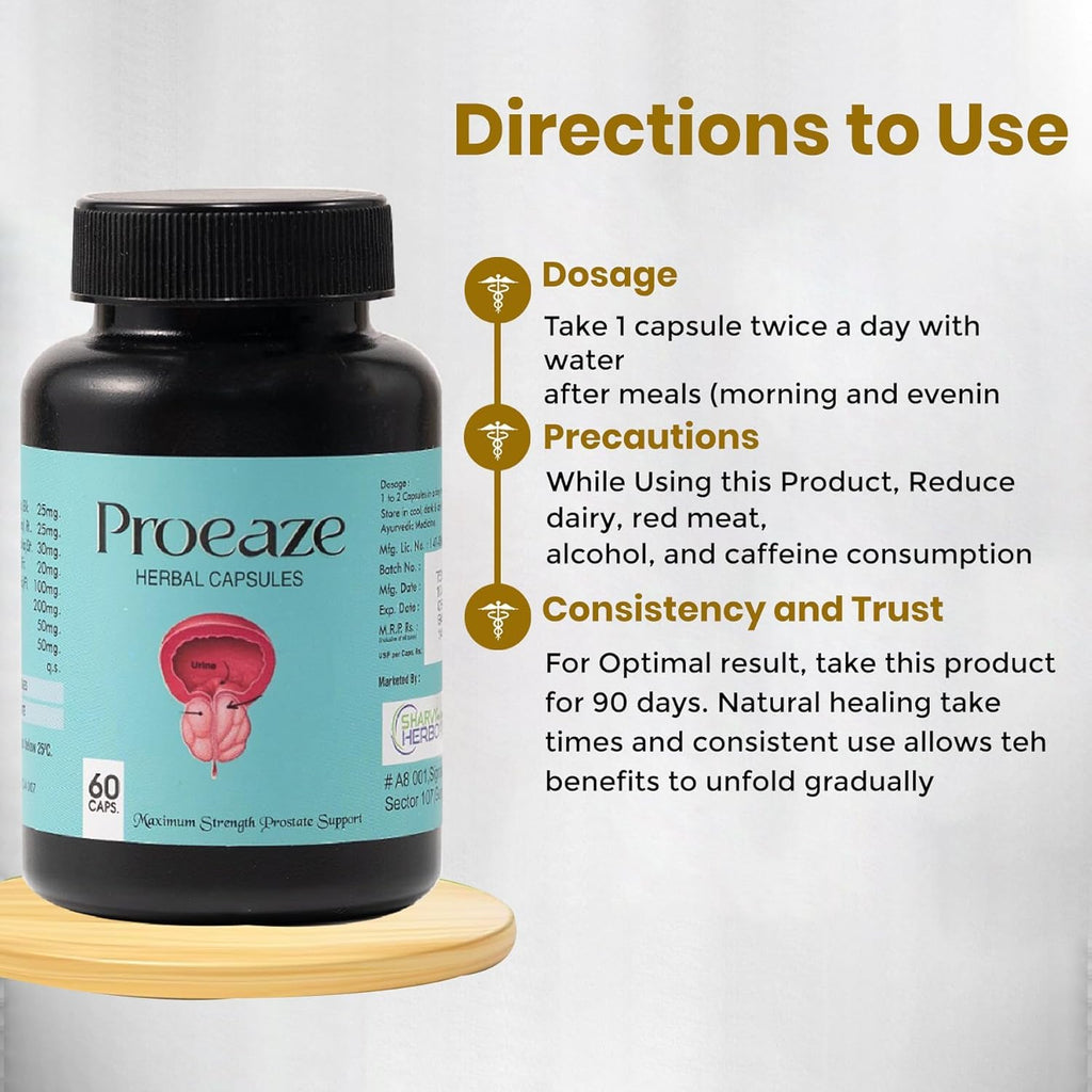 Shrway Biotec Proeaze Herbal Capsules for Men | Prostate Health & Urinary Support | Ayurvedic Supplement with Giloy, Kachnar, Sudh Shilajeet & Vang Bhasam | Help to Relieve Urinary Issues | 60 Capsules