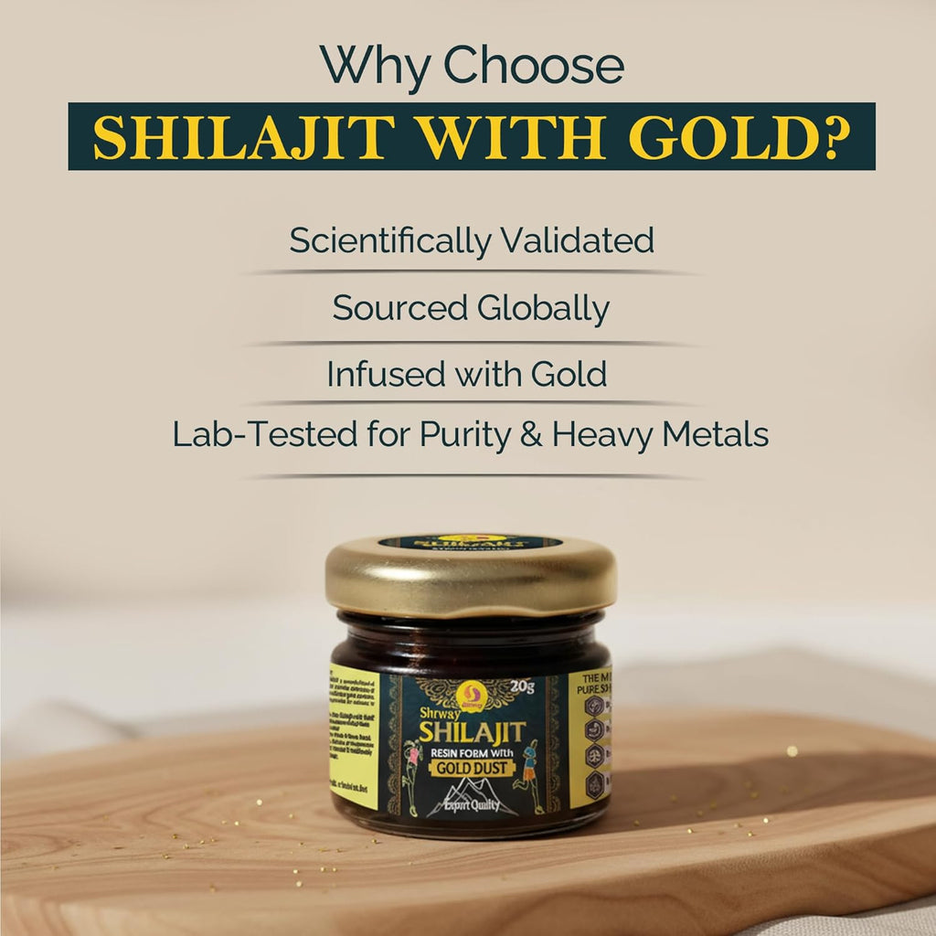 Shrway Biotec Shilajit Resin 20g | 500mg/Serving | Ayurvedic Shilajeet For Energy Booster, Increase Stamina, Muscle Growth | Infused with Gold | Supports Healthy Testosterone Level | Rich in Fulvic Acid