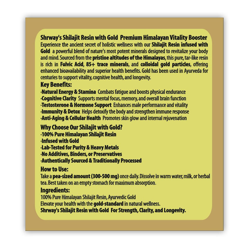 Shrway Biotec Shilajit Resin 20g | 500mg/Serving | Ayurvedic Shilajeet For Energy Booster, Increase Stamina, Muscle Growth | Infused with Gold | Supports Healthy Testosterone Level | Rich in Fulvic Acid